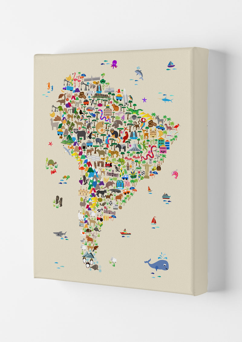 Animal Map of South America Beige Print by Michael Tompsett Canvas