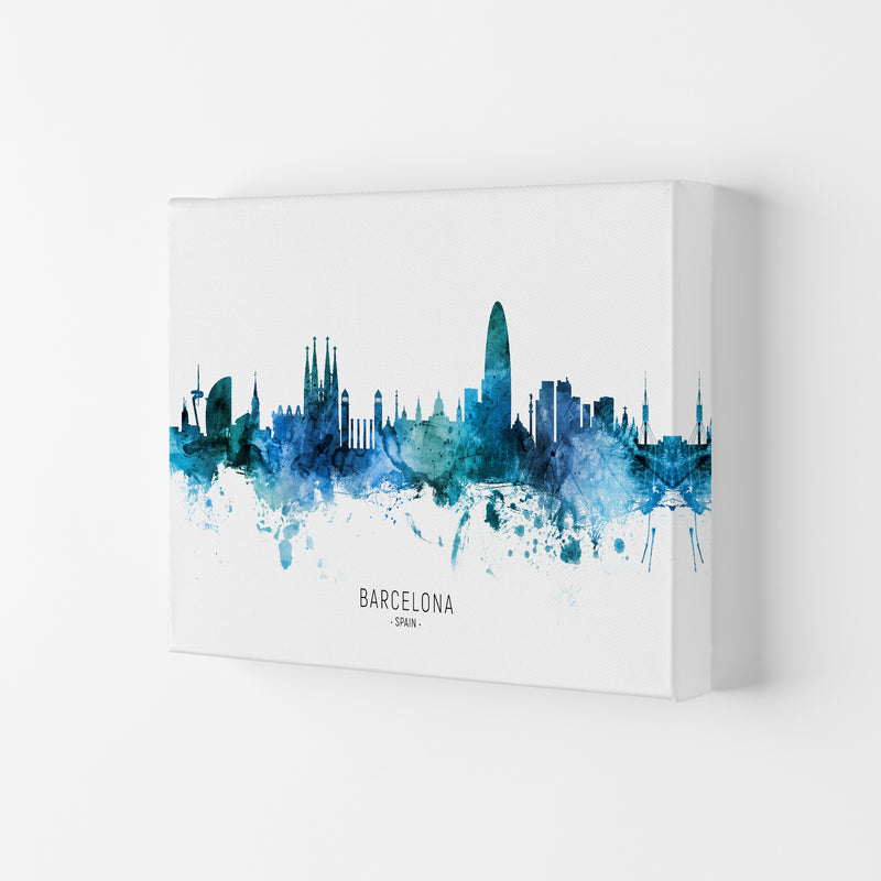 Barcelona Spain Skyline Blue City Name  by Michael Tompsett Canvas