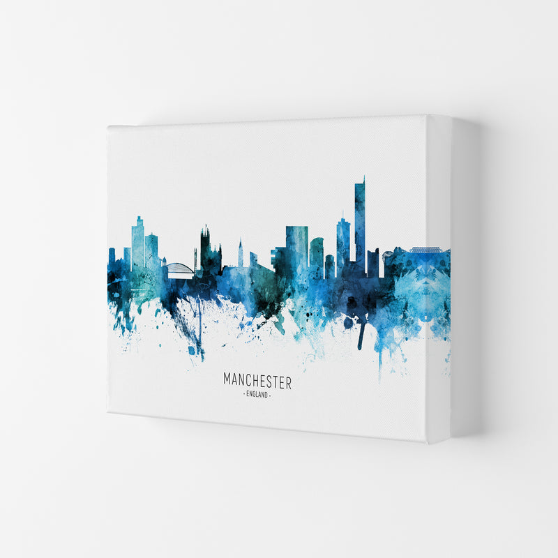 Manchester England Skyline Blue City Name  by Michael Tompsett Canvas