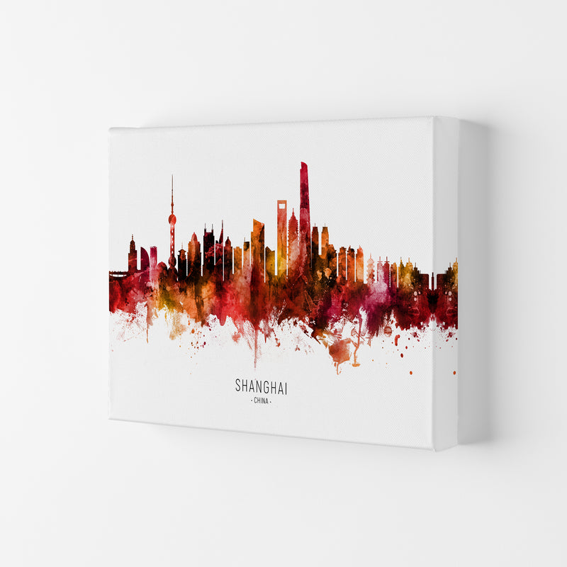 Shanghai China Skyline Red City Name  by Michael Tompsett Canvas