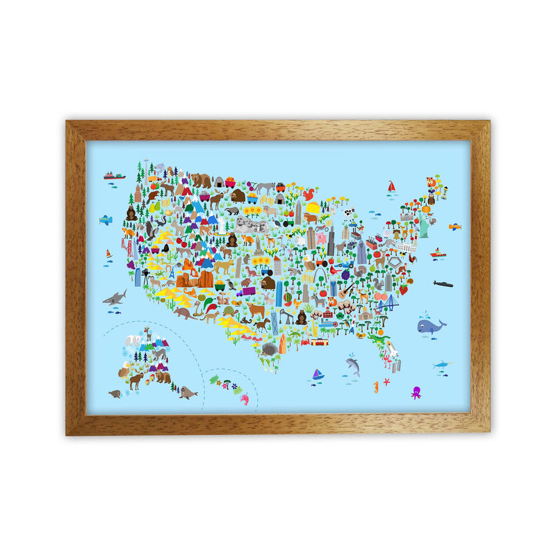 Animal Map of United States Blue Print by Michael Tompsett Oak Grain