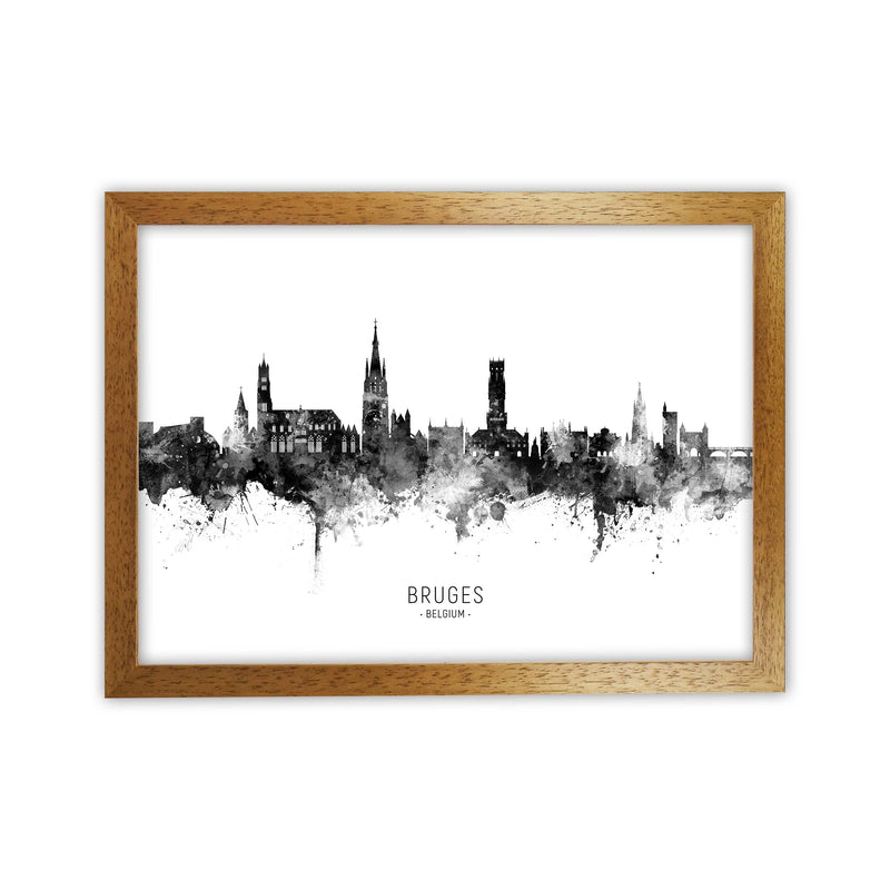 Bruges Belgium Skyline Black White City Name  by Michael Tompsett Oak Grain