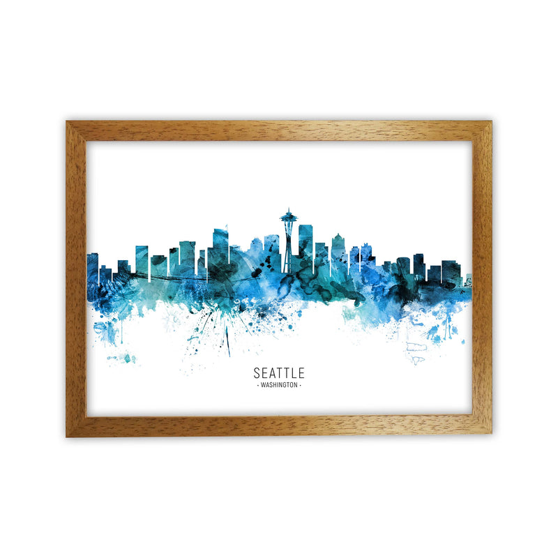 Seattle Washington Skyline Blue City Name  by Michael Tompsett Oak Grain
