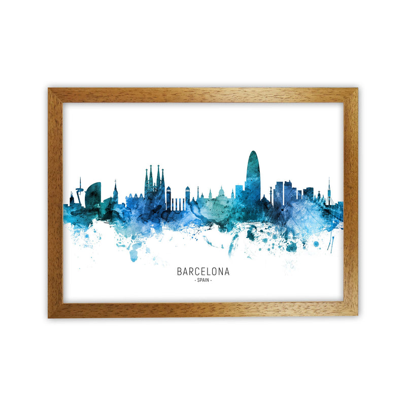Barcelona Spain Skyline Blue City Name  by Michael Tompsett Oak Grain