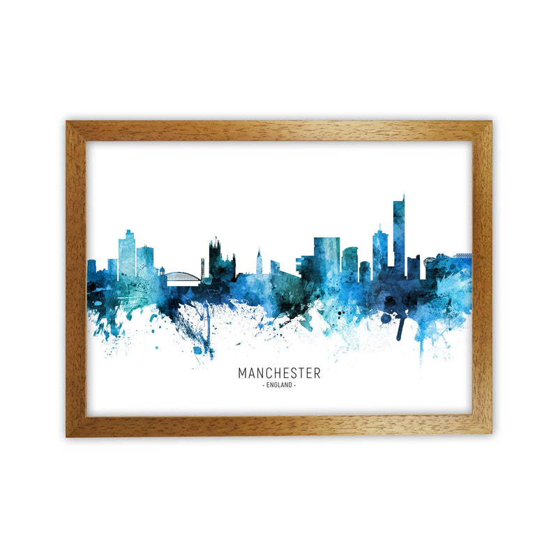 Manchester England Skyline Blue City Name  by Michael Tompsett Oak Grain