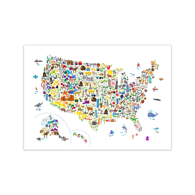 Animal Map of United States Nursery Print by Michael Tompsett Print Only