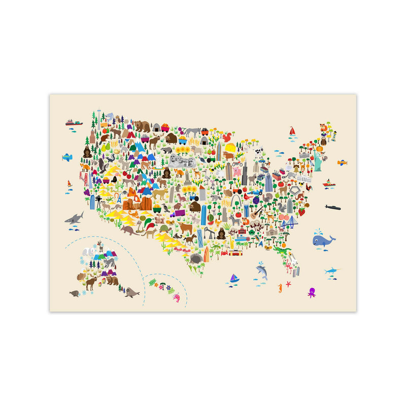 Animal Map of United States Beige Print by Michael Tompsett Print Only