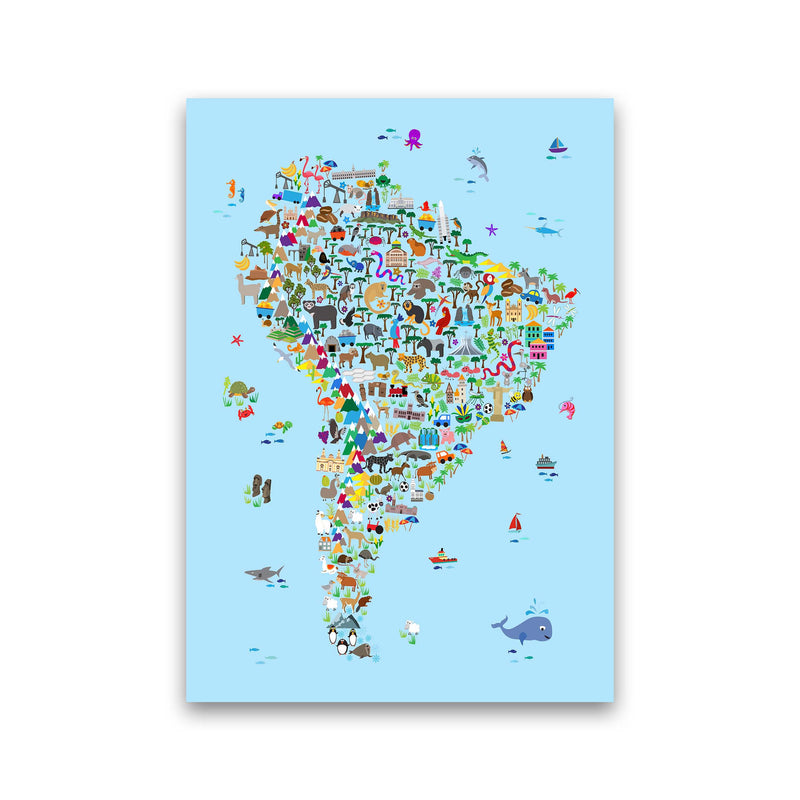 Animal Map of South America Blue Print by Michael Tompsett Print Only