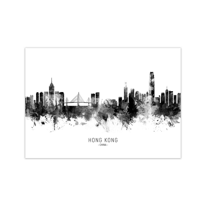 Hong Kong China Skyline Black White City Name  by Michael Tompsett Print Only