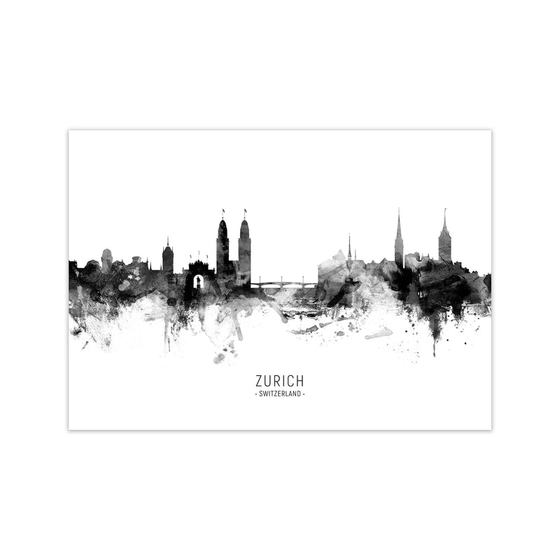 Zurich Switzerland Skyline Black White City Name  by Michael Tompsett Print Only
