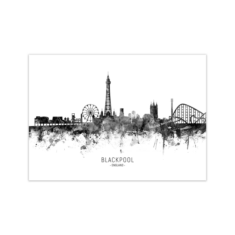 Blackpool England Skyline Black White City Name  by Michael Tompsett Print Only