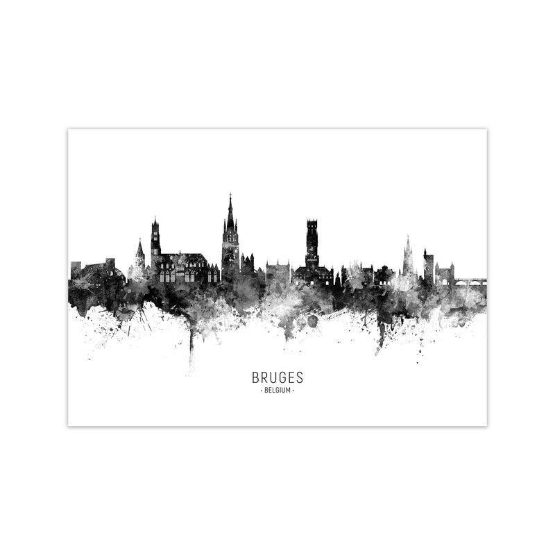 Bruges Belgium Skyline Black White City Name  by Michael Tompsett Print Only