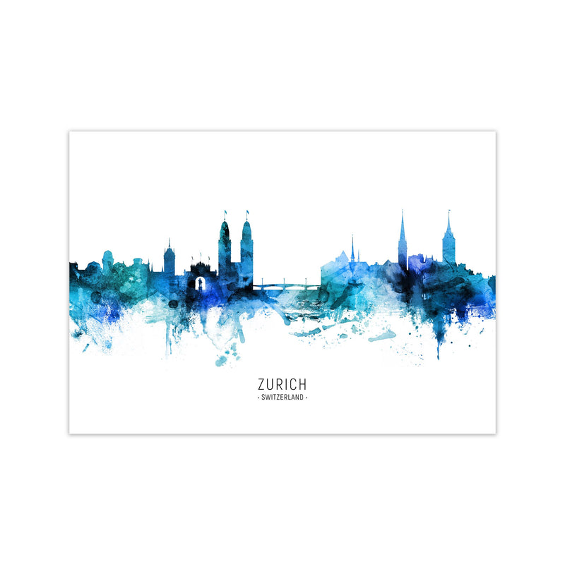 Zurich Switzerland Skyline Blue City Name  by Michael Tompsett Print Only