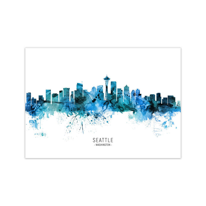 Seattle Washington Skyline Blue City Name  by Michael Tompsett Print Only