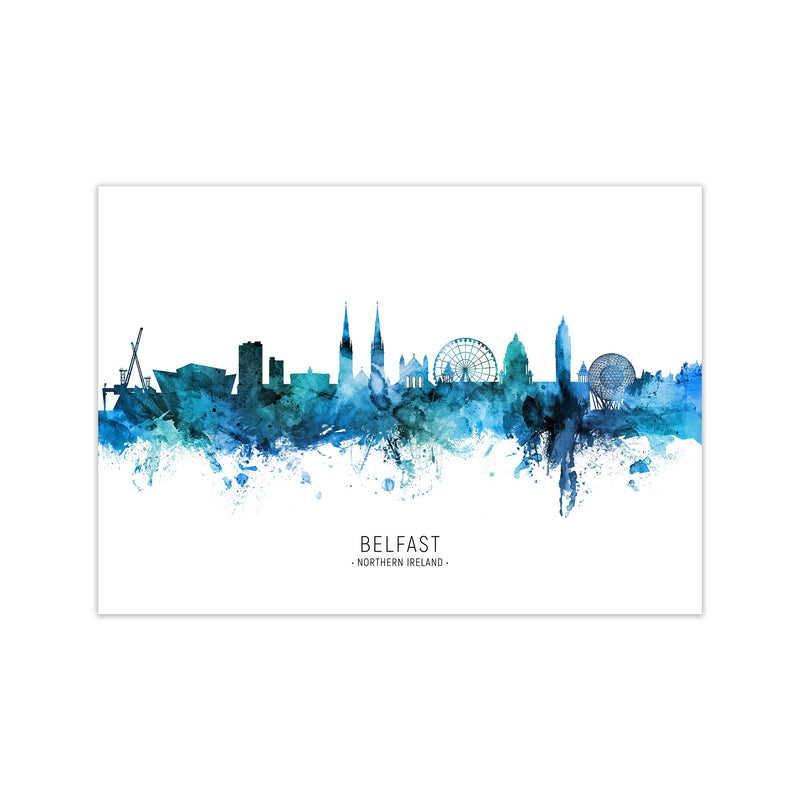 Belfast Northern Ireland Skyline Blue City Name  by Michael Tompsett Print Only