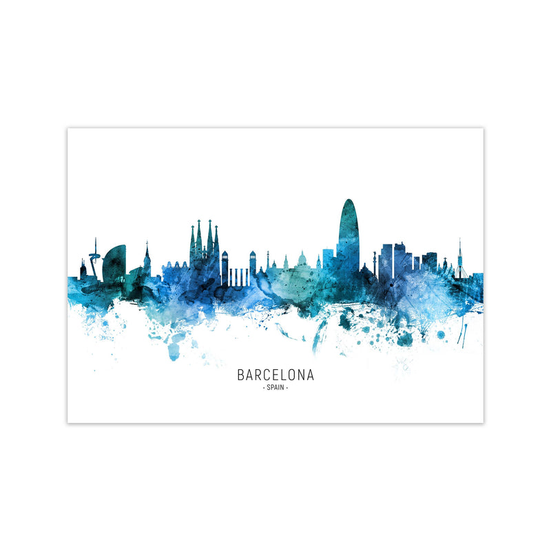 Barcelona Spain Skyline Blue City Name  by Michael Tompsett Print Only