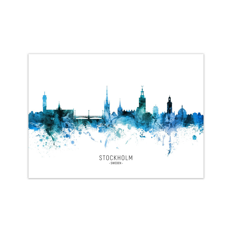 Stockholm Sweden Skyline Blue City Name  by Michael Tompsett Print Only