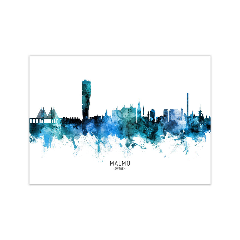 Malmo Sweden Skyline Blue City Name Print by Michael Tompsett Print Only