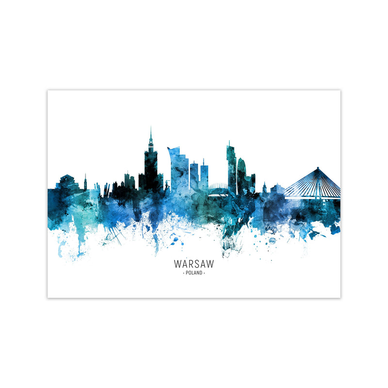 Warsaw Poland Skyline Blue City Name  by Michael Tompsett Print Only