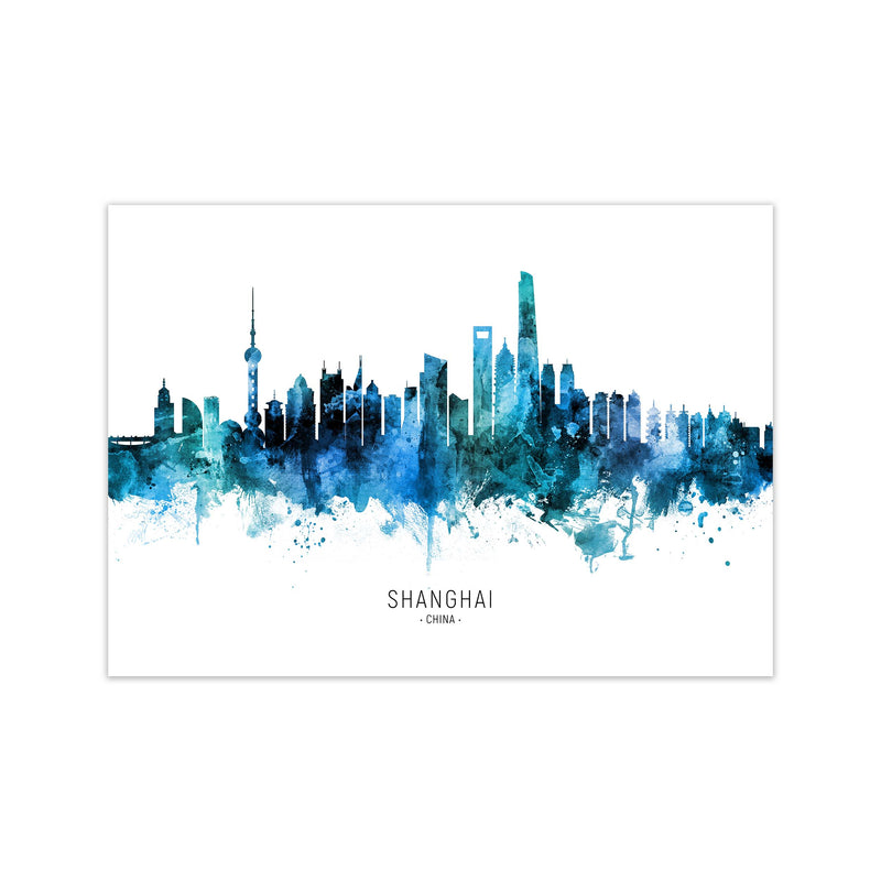 Shanghai China Skyline Blue City Name  by Michael Tompsett Print Only
