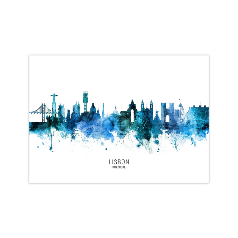 Lisbon Portugal Skyline Blue City Name  by Michael Tompsett Print Only