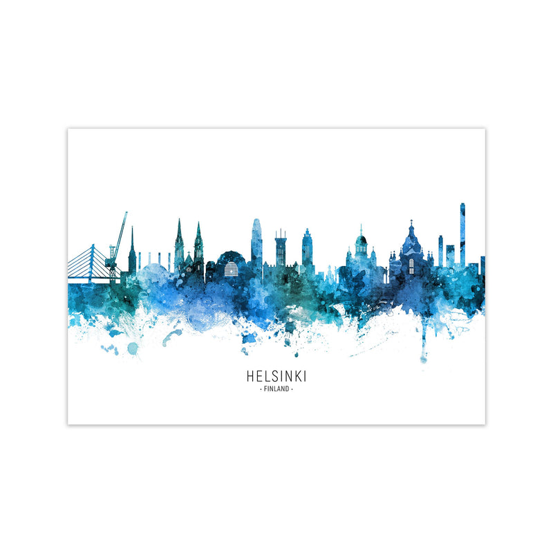 Helsinki Finland Skyline Blue City Name  by Michael Tompsett Print Only