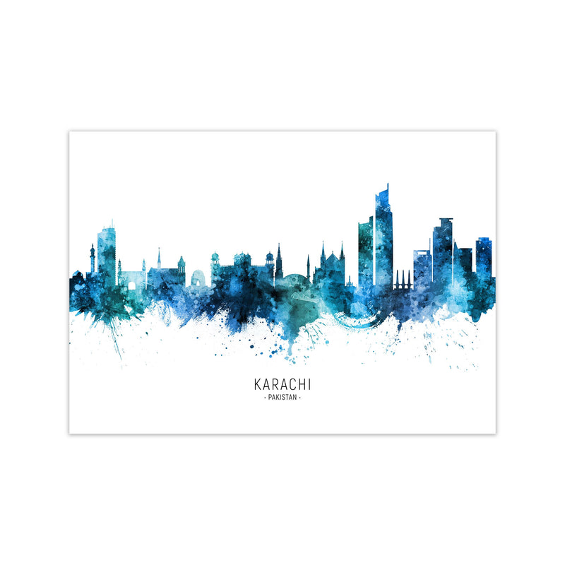Karachi Pakistan Skyline Blue City Name  by Michael Tompsett Print Only