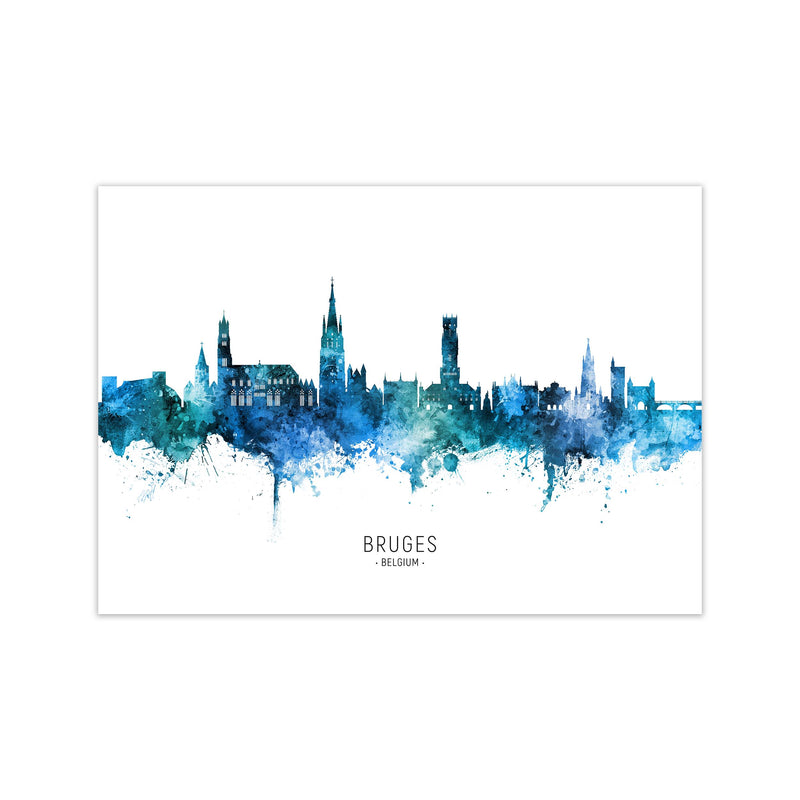 Bruges Belgium Skyline Blue City Name  by Michael Tompsett Print Only