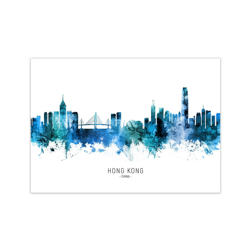 Hong Kong China Skyline Blue City Name  by Michael Tompsett Print Only