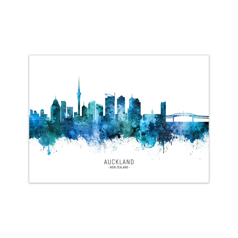 Auckland New Zealand Skyline Blue City Name  by Michael Tompsett Print Only