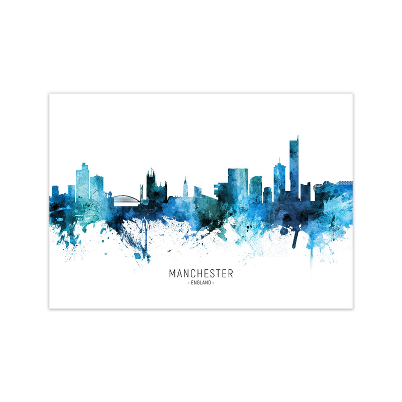 Manchester England Skyline Blue City Name  by Michael Tompsett Print Only