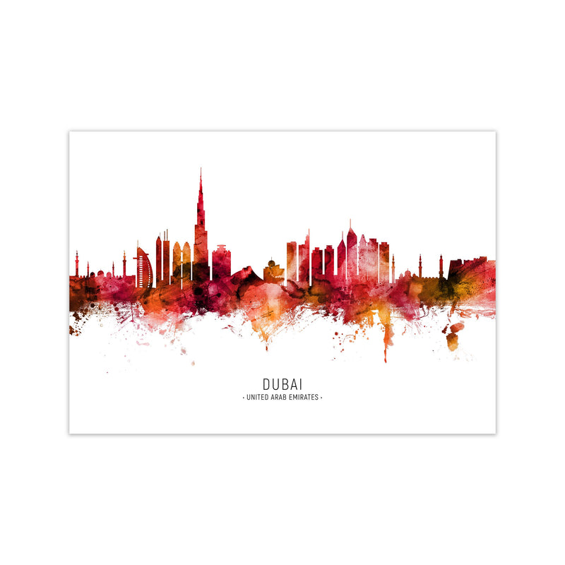 Dubai United Arab Emirates Skyline Red City Name  by Michael Tompsett Print Only