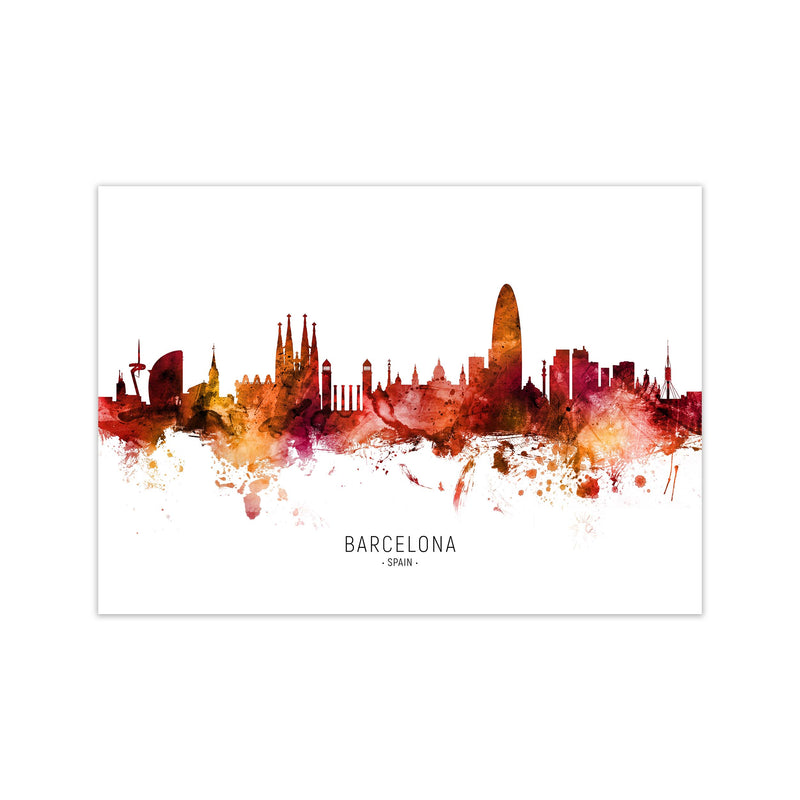 Barcelona Spain Skyline Red City Name  by Michael Tompsett Print Only