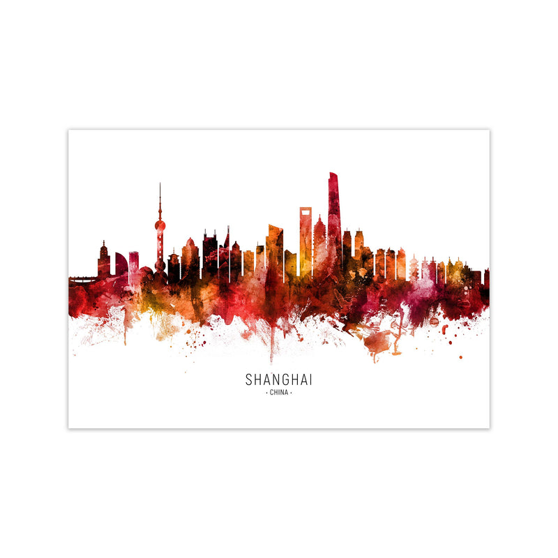 Shanghai China Skyline Red City Name  by Michael Tompsett Print Only