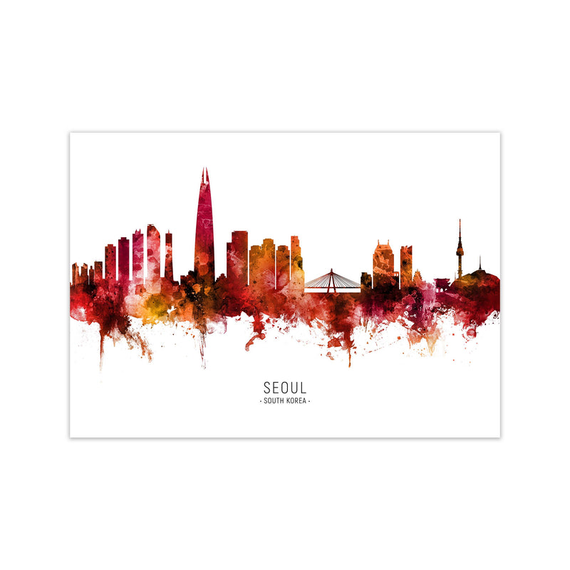 Seoul South Korea Skyline Red City Name  by Michael Tompsett Print Only