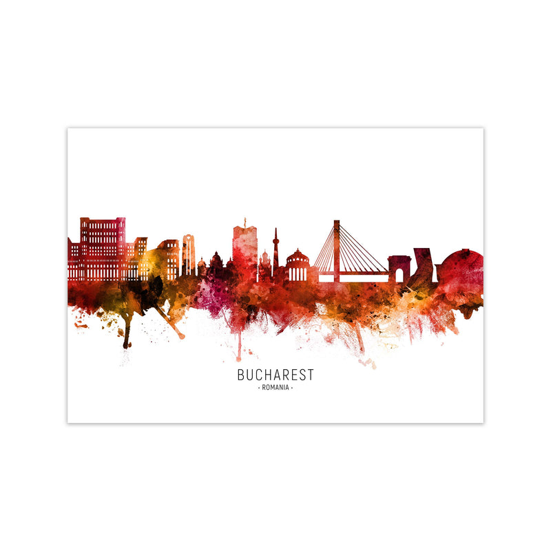 Bucharest Romania Skyline Red City Name  by Michael Tompsett Print Only