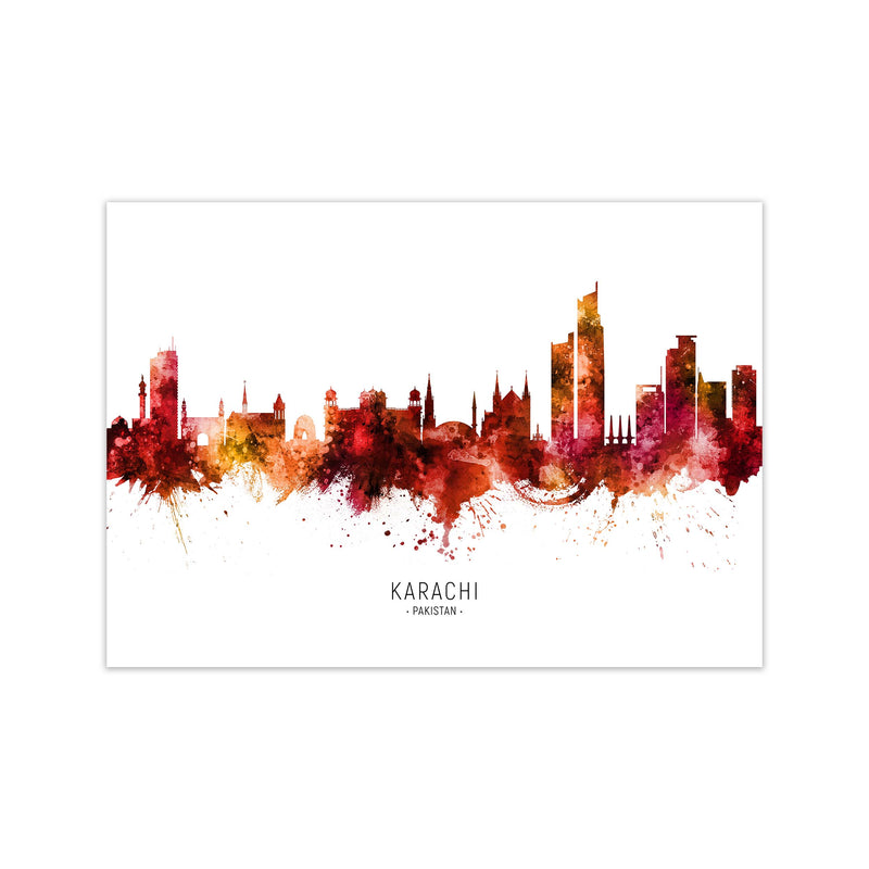 Karachi Pakistan Skyline Red City Name  by Michael Tompsett Print Only