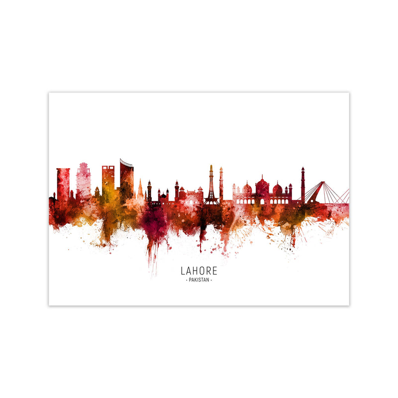 Lahore Pakistan Skyline Red City Name  by Michael Tompsett Print Only