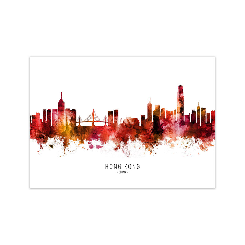 Hong Kong China Skyline Red City Name  by Michael Tompsett Print Only