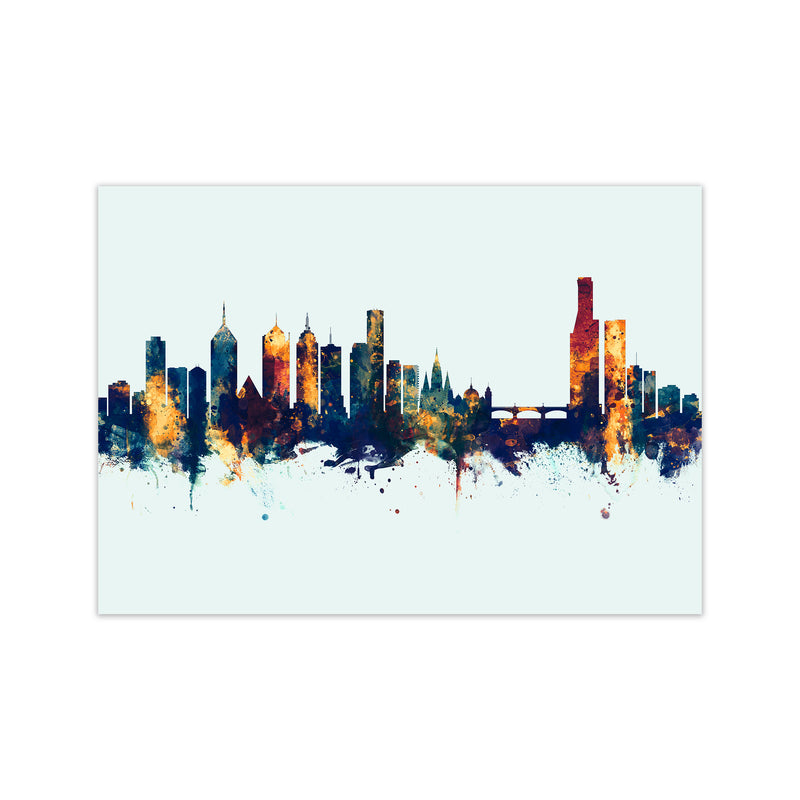 Melbourne Australia Skyline Blue Orange Art Print by Michael Tompsett Print Only