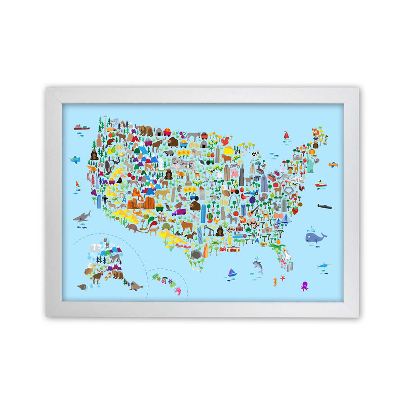 Animal Map of United States Blue Print by Michael Tompsett White Grain