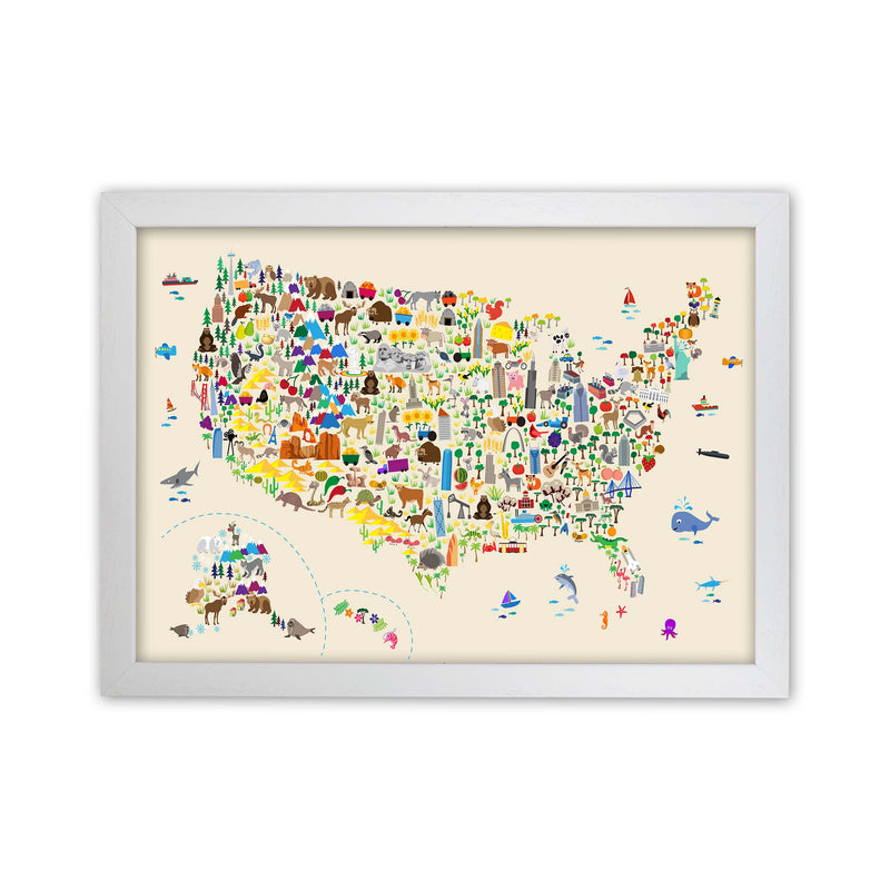 Animal Map of United States Beige Print by Michael Tompsett White Grain