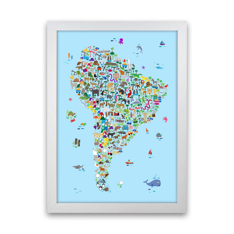 Animal Map of South America Blue Print by Michael Tompsett White Grain