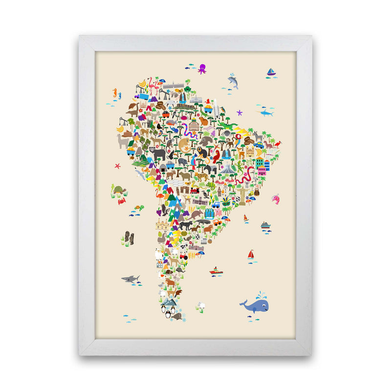 Animal Map of South America Beige Print by Michael Tompsett White Grain