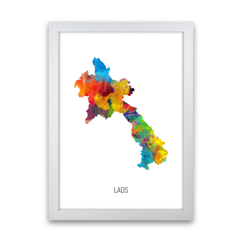 Laos Watercolour Map Art Print by Michael Tompsett White Grain