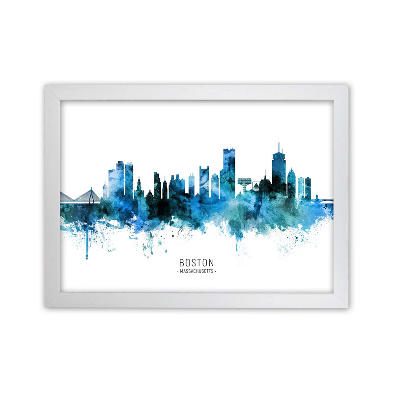 Boston Massachusetts Skyline Blue City Name  by Michael Tompsett White Grain