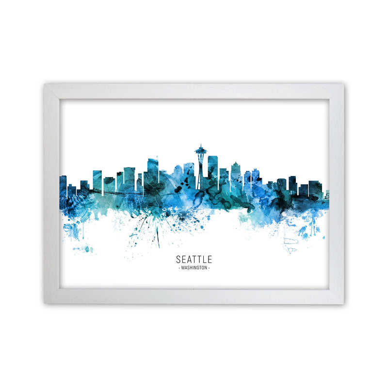 Seattle Washington Skyline Blue City Name  by Michael Tompsett White Grain