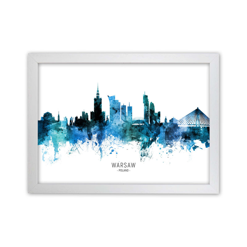 Warsaw Poland Skyline Blue City Name  by Michael Tompsett White Grain