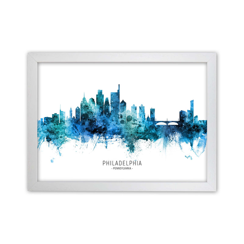 Philadelphia Pennsylvania Skyline Blue City Name  by Michael Tompsett White Grain