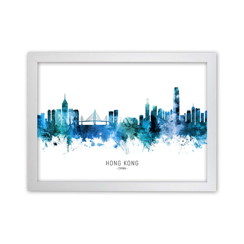 Hong Kong China Skyline Blue City Name  by Michael Tompsett White Grain